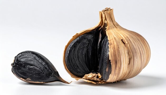 Aged Black Garlic Bulb and Single Peeled Clove Isolated on White Background