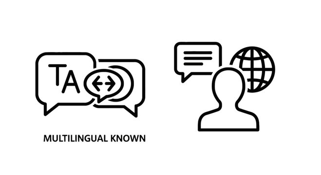Multilingual communication and global language skills icons for translation international business cultural exchange with speech bubble, white background