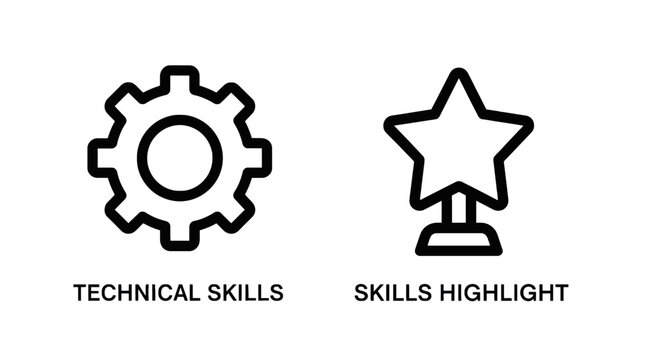 Technical skills and skills highlight icons showing achievement competence professional recognition with white background line art technical highlight