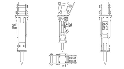 Obraz premium Hydraulic breaker technical drawing blueprint with front side back and top views CAD line art vector illustration