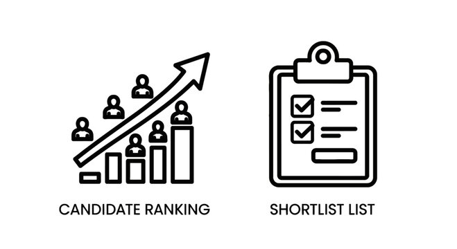 Candidate ranking analytics and shortlist selection icons for talent acquisition and recruitment metrics with candidate shortlist recruitment analytics