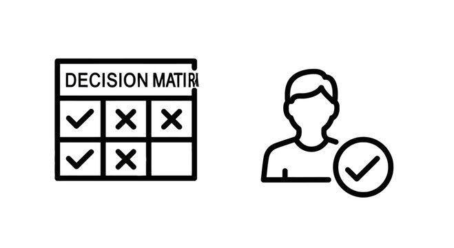 Decision matrix and approved user profile icon set with decision approval business planning strategy management corporate selection verified