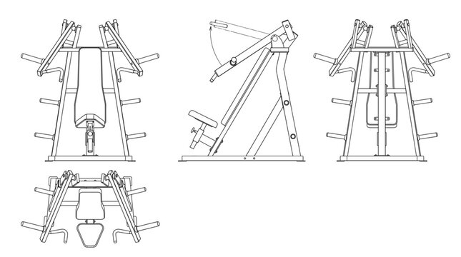 Incline chest press technical drawing blueprint with front side back and top views CAD line art vector illustration