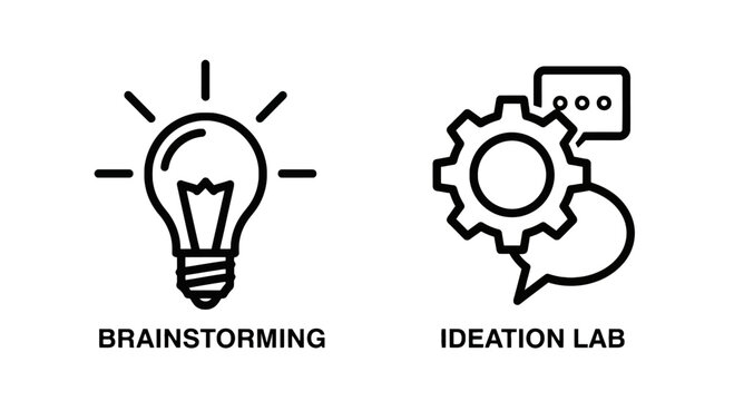 Brainstorming and ideation lab business icons representing creative thinking innovation and team collaboration with brainstorming ideation lightbulb