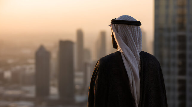 Man in Traditional Attire Overlooks a Modern Cityscape at Sunset &ndash; Visionary Perspective on Urban Development and Future Growth
