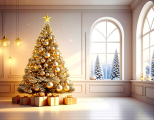 Fototapeta premium Elegant Christmas Tree Adorned in Gold in a Sunny Winter Room