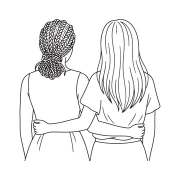 Line art illustration of two women from the back with arms around each other for friendship