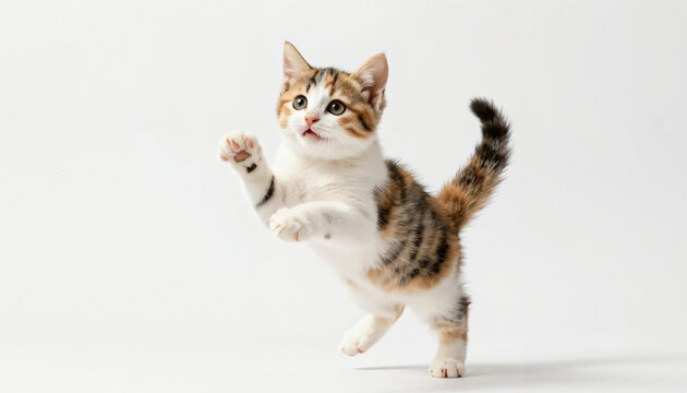Dreifarbige Katze springt mit erhobenen Pfoten