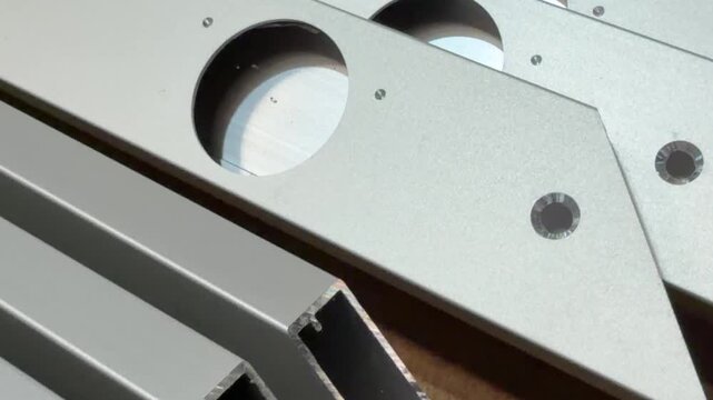 A composition of aluminium profiles with hinge openings, highlighting their potential in creating innovative facade designs.