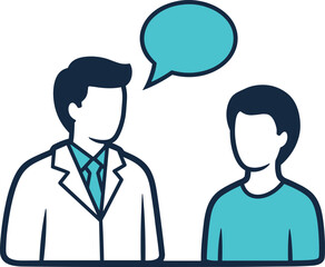 Fototapeta premium Doctor talking to patient vector illustration showing medical consultation with speech bubble above.