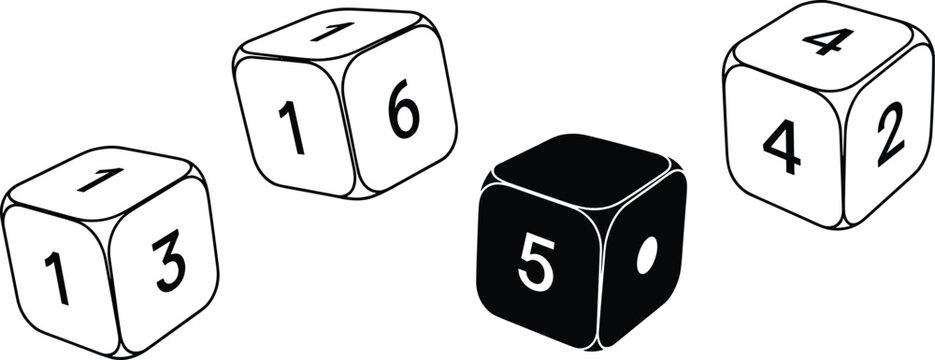 Set of four isometric dice vector illustrations featuring black and white cubes with numbers for board games gambling casino betting and tabletop gaming entertainment design projects.