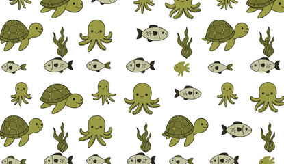 Seamless pattern featuring cute green sea turtle octopus and fish cartoon characters with seaweed for nursery wallpaper children textile and marine life theme gift wrapping paper design. © Shefali