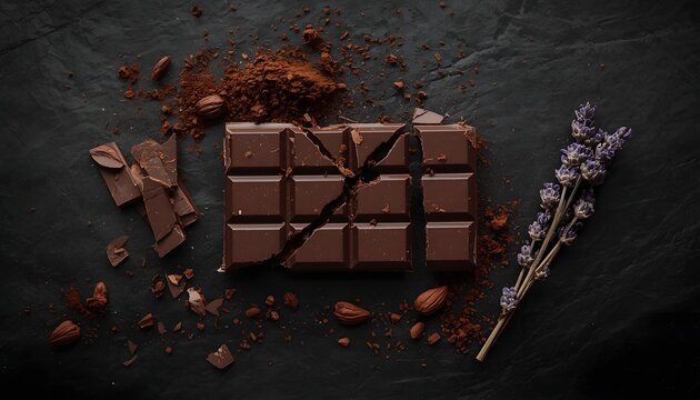 Dark Chocolate Bar Broken Pieces Close Up Sweet