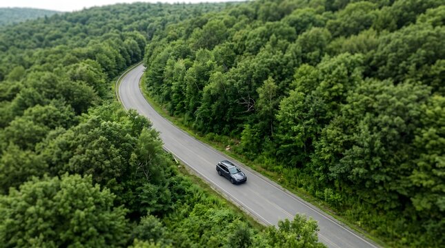 Aerial view of a car driving on a winding asphalt road through a dense green forest during summer with a tilt shift effect for a miniature look