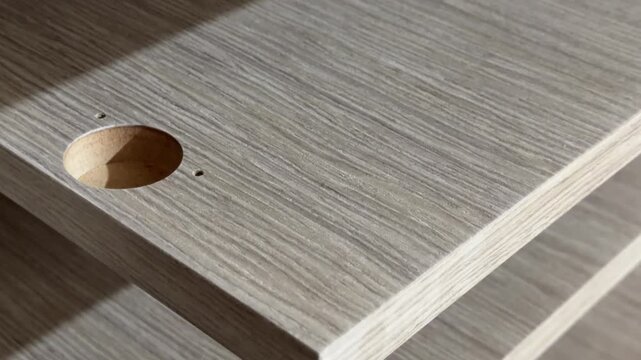 A close-up shot of a sleek wooden shelf with a brushed texture, highlighting the clean, precise edge and subtle wood grain details. Perfect for furniture catalogues.