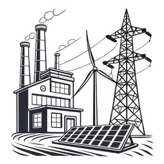 Obraz premium Power plant and renewable energy sources illustration with wind turbine solar panel and transmission tower high quality