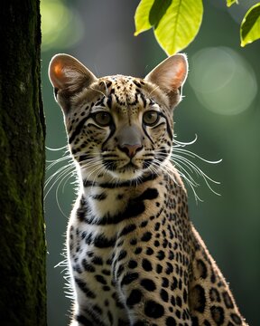 A bronze toned oncilla, northern tiger cat near a tree at dawn