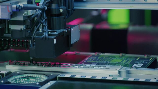 Electronics manufacturing. Automatic installation of SMT components on an electronic printed circuit board. Modern technologies. Machine installs and connects transistors and microchips on motherboard