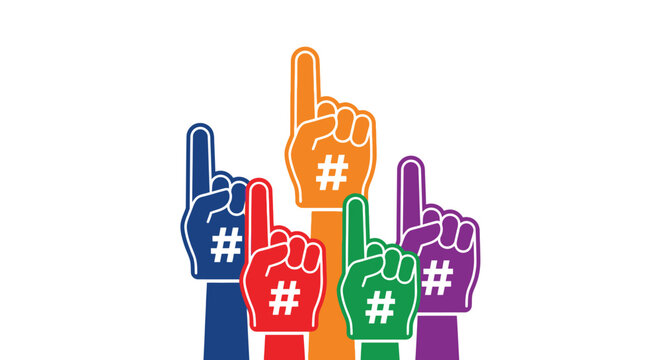 Colorful foam hands with hashtag symbols on a white background