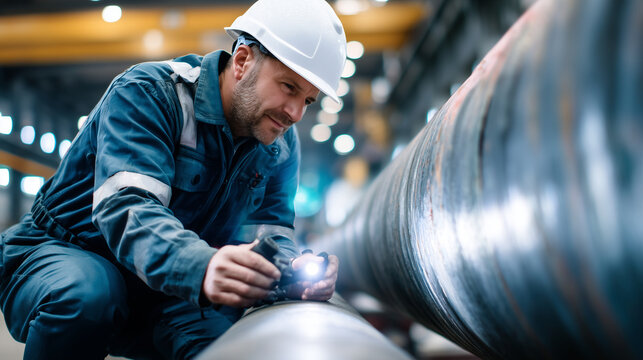 male engineer in white hard hat and flame-resistant jacket crouching to inspect a large industrial pipe joint with a flashlight, bright focused beam light as primary source mixing