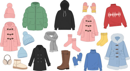 Large collection of winter fashion apparel and accessories featuring puffer jackets wool coats cozy sweaters boots and warm knit hats for seasonal outdoor clothing catalog design projects. © Shefali