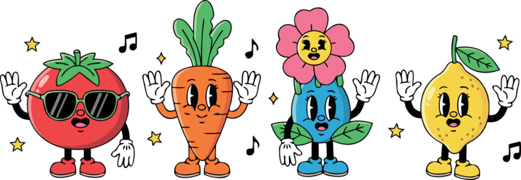 Set of retro cartoon mascot characters featuring tomato carrot flower and lemon for vintage vegetable fruit sticker design
