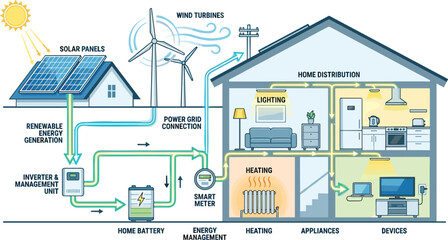 Residential smart home energy system infographic with solar panels wind turbines and battery storage for sustainable house power management, © nice