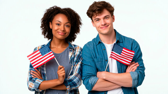 Multinational young couple holding american flags smiling at camera isolated on light background patriotic unity concept