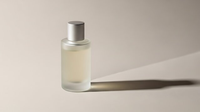 Minimalist frosted glass perfume bottle with silver cap on a neutral beige background with soft lighting and long shadow