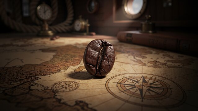 Single roasted coffee bean on vintage world map in antique captain cabin setting
