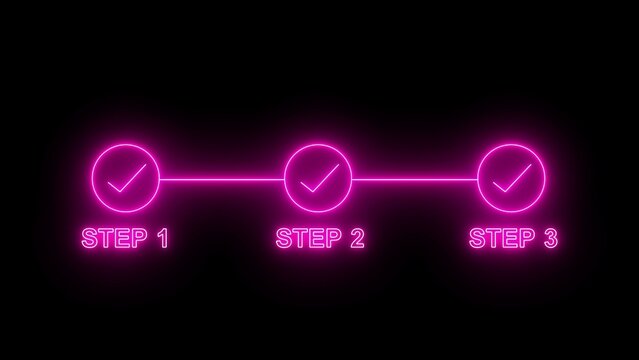 Three steps progress bar with glowing neon pink circles and check marks on a dark background for business presentation