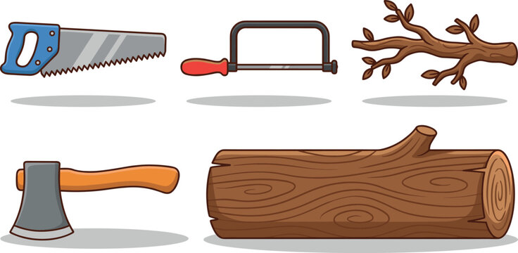 Vector Set of Woodworking Tools Including Saws, Axe, Hacksaw, and Logs for Carpentry, DIY, and Outdoor Projects