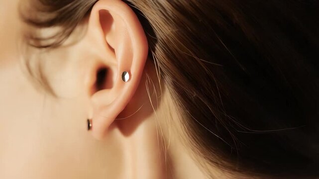Female ear with two small black stud earrings in lobe and upper cartilage helix surrounded by smooth brown hair in soft lighting