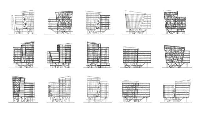 Architectural elevation designs of a modern building showcasing modular components