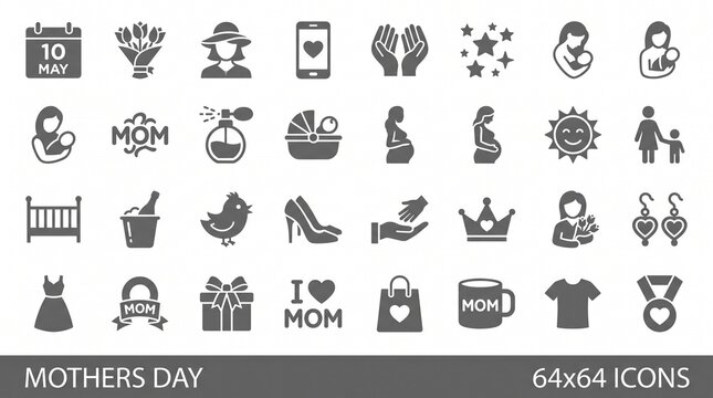 Mothers day icon set featuring collection of flat vector symbols for celebrating motherhood maternity pregnancy family love gifts and various holiday themed graphic design elements