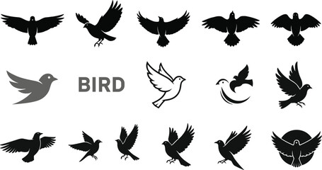 Bird Icon Set with Various Flying Poses, Wings, and Silhouettes for Wildlife, Nature, and Freedom Illustrations © Maslima