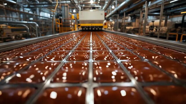 Endless rows of glossy brown square chocolate pieces arranged in grid pattern on industrial factory conveyor belt with production machinery in background