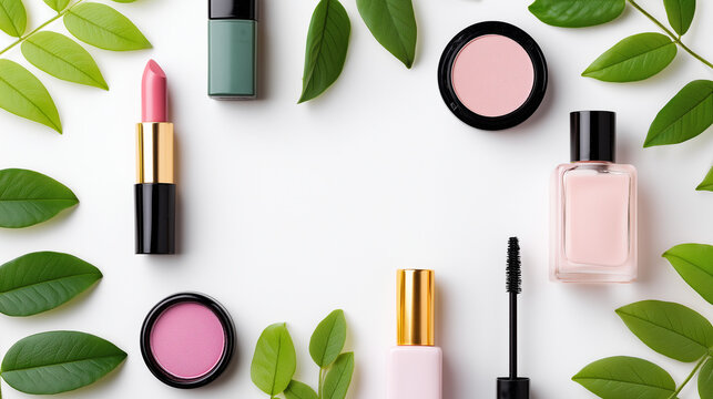 frame of realistic illustrated cosmetic items around the border, flat lay style, lipstick, compact, eyeshadow, perfume, hand cream, mascara,realistic style, soft pastel colors, whi