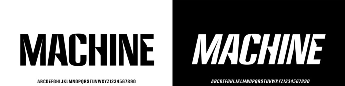 Machine Condensed sans serif vector font. Minimalist and modern condensed font. Uppercase and lowercase alphabet vector font. 