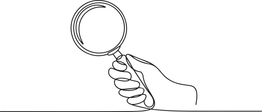 Holding magnifying glass line icon- continuous line drawing. one line Icon drawing