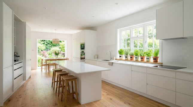 
Bright minimalist white kitchen with central island, wooden bar stools, herb pots on windowsill and open garden view. Modern Scandinavian interior design.