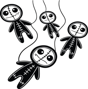 Voodoo dolls, black and white, cartoon characters, stitched figures, hanging ornaments