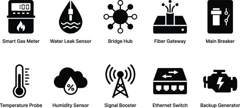 Smart Home Technology Icons Set Featuring Sensors, Networking Devices, and Energy Management Symbols for IoT Solutions