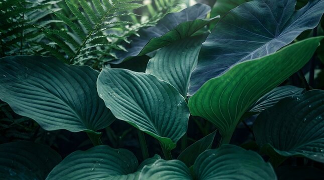 Dark green hosta leaves in shade