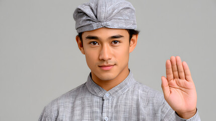 Naklejka premium Young Balinese man wearing traditional udeng and greeting in Indonesia