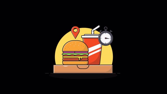Fast Food with Location Pin and Stopwatch. Fast Food Delivery Concept Animation Video - Transparent