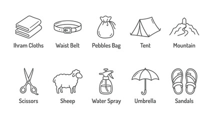 Fototapeta premium Pilgrimage Essentials: A set of ten essential items for a sacred journey, depicted in simple, elegant line art, ready for a spiritual adventure.
