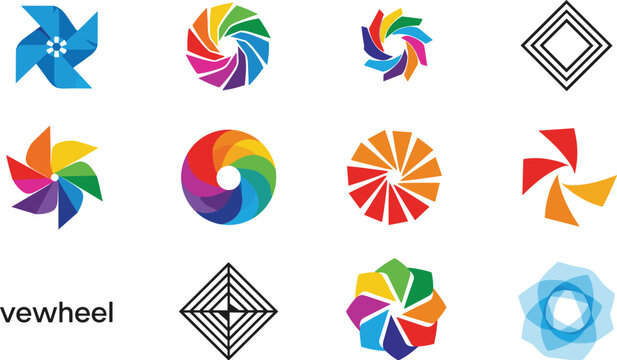 Colorful Swirl and Geometric Logo Collection with Gradient and Pinwheel Designs for Branding, Business, and Creative Applications