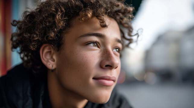 Photorealistic portrait of a teen with unique street style and thinking expression, natural skin, side view portrait, individuality, personal expression, relatable, curiosity, blur