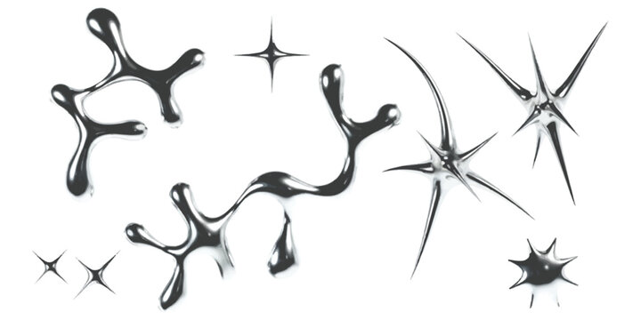 Abstract liquid metal shapes and shiny chrome star icons for modern digital design